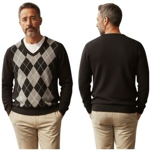 MONTAGUT Argyle V-Neck Wool Blend Sweater XL Black Gray Classic Golf Knit  F375